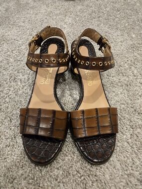 Salvatore Ferragamo Brown Leather Croc-Embossed Ankle Strap Sandals Size 9